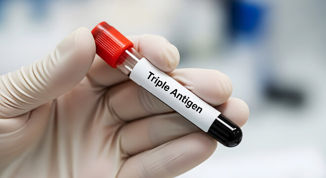Hand in glove holding blood sample tube labeled Triple Antigen test medical