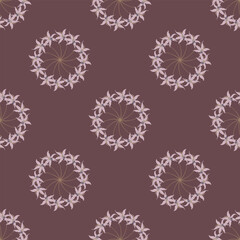 Seamless geometrical pattern with round floral mandalas. Bouquets of pink flowers on purple background. © Olena
