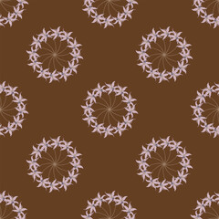 Seamless geometrical pattern with round floral mandalas. Bouquets of pink flowers on brown background. © Olena