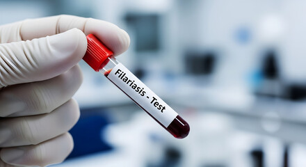 Fototapeta premium Hand in glove holds blood sample vial labeled Filaria test in laboratory filariasis