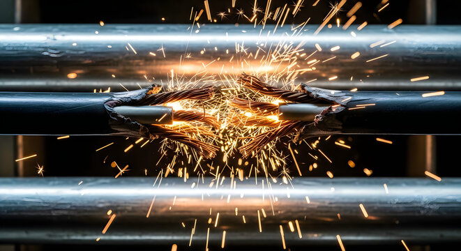 Dramatic sparks fly as metal is cut with intense force