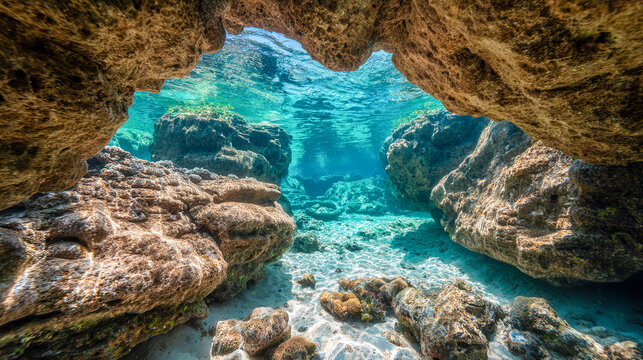 Stunning underwater view of a marine rocky cave showing crystal clear turquoise water and sunlit sandy seabed in a vibrant coastal ecosystem