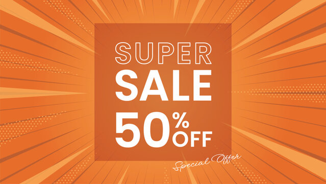 Super Sale 50% Off Orange Sunburst Background, オレンジ 放射線 セール バナー