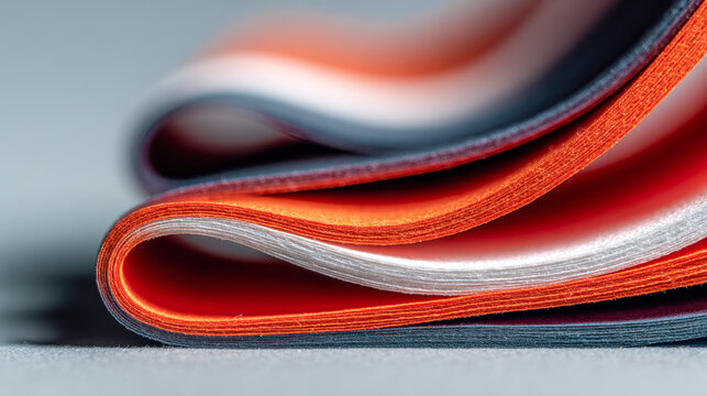 Folded sheets of textured paper in vibrant shades of orange, gray, and white creating an abstract wave-like pattern on a smooth surface background