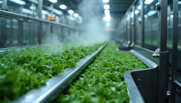 Modern industrial line processes fresh green lettuce for freezing. Automated blanching machine preserves nutrients. Advanced food production technology in a clean factory environment.