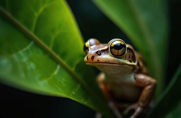Fototapeta premium Small brown tree frog with golden eyes perches on a large green leaf. Frog sits in foliage on a dark background, looks alert in tropical forest habitat.