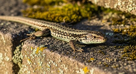 Fototapeta premium Lizard basking on a sunlit stone surface.