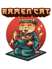 Funny Ramen Cat Vector Design Illustration - Adorable Feline Enjoying a Delicious Noodle Bowl in a Kimono