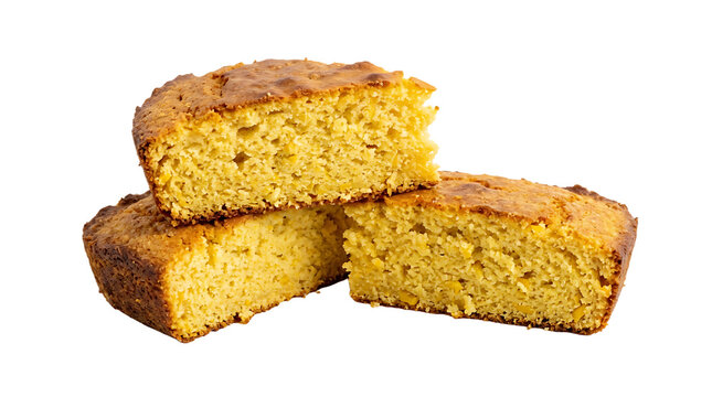 Freshly baked cornbread slices, perfectly golden and delicious.  isolated on a white background. PNG