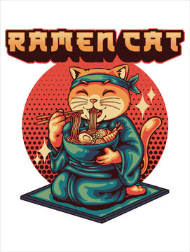 Funny Ramen Cat Vector Design Illustration - Adorable Feline Enjoying a Delicious Noodle Bowl in a Kimono