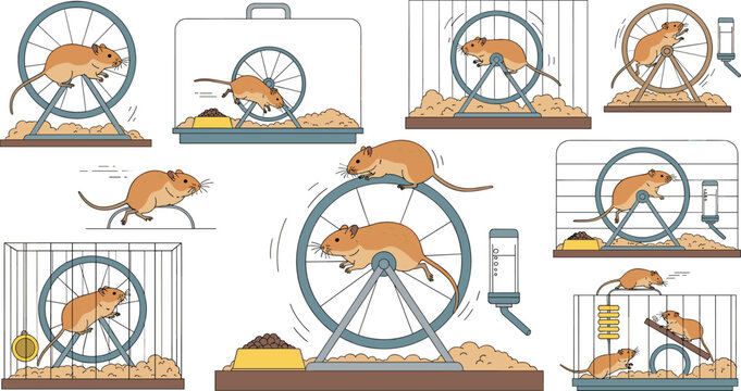 Cute gerbil exercise wheel collection with pet cage activity scenes isolated flat vector set for care design