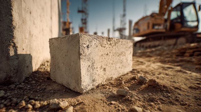 Rough concrete block resting on dirt at a construction site with machinery and building structure blurred in background on a sunny day