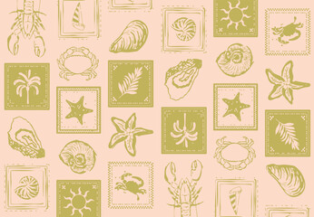 Sea shells, fossils and mollusks seamless pattern. Summer beach hand-drawn seaside vector print. Fashion textile bright multicolored illustration. Seashore elements design for fabrics, wallpaper  © Sketch