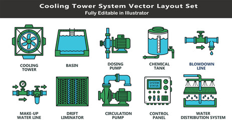 Cooling tower water treatment vector icons set, top view system layout, dosing pump, basin, circulation, blowdown, chemical tank CAD symbols © ArtFlex