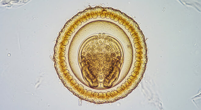 Microscopic view of a roundworm egg with internal structures and outer shell parasite