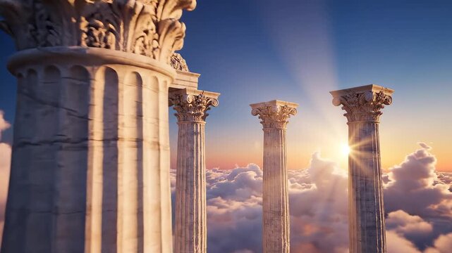 Ancient columns in sky with clouds for tech concepts, digital marketing, and futuristic projects