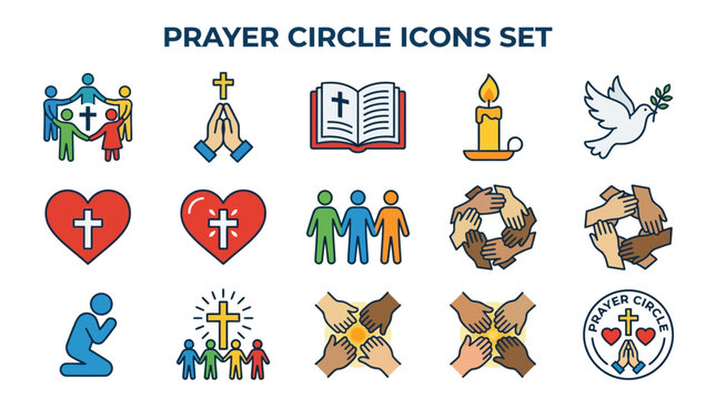 Prayer circle icons set presents various religious symbols including people holding hands and hearts.