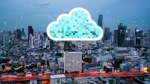 New York City skyline at night with glowing skyscrapers and urban cityscape view