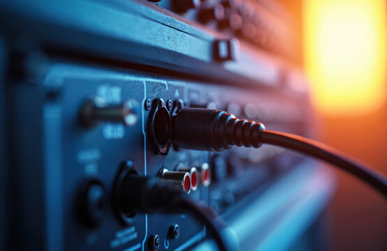Close up of audio equipment inputs with power cables connected. Sound mixer jacks and wires ready for music production or live performance. Equipment for recording studio.