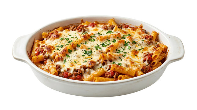 Delicious penne pasta baked with melted cheese, perfect for a hearty meal. isolated on a white background. PNG