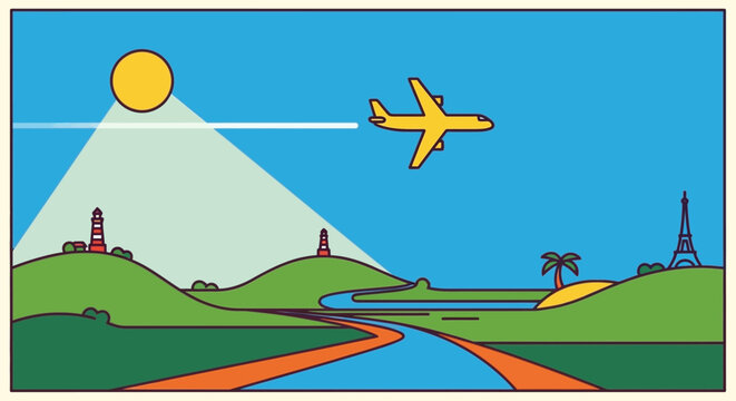 Airplane flying over a scenic landscape with a river.