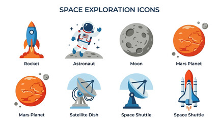Obraz premium Space exploration icons feature a rocket, an astronaut, the moon, planets, and communication dishes for scientific presentations.