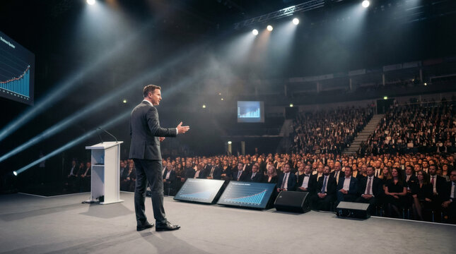 Photograph of a man in a suit standing at a podium in a large, dimly-lit auditorium filled with a diverse crowd of seated attendees. Bright stage lights illuminate the speaker.