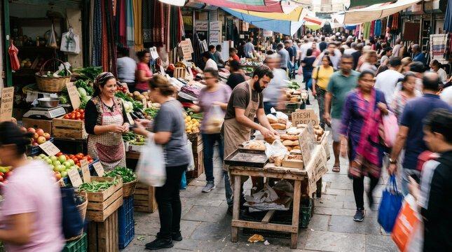 Photograph of a bustling outdoor market with people shopping for fresh produce from wooden stalls under colorful awnings. The scene is vibrant with diverse shoppers and vivid colors.