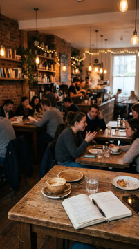 Photograph of a cozy, rustic caf&eacute; with warm lighting, wooden tables, and shelves of books. Patrons enjoy coffee and meals, some writing in notebooks. The background features hanging plants.