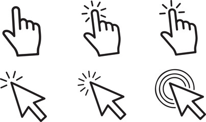Fototapeta premium Cursor, Hand, Pointer, Click, Icon Set, Web, Navigation, Black and White