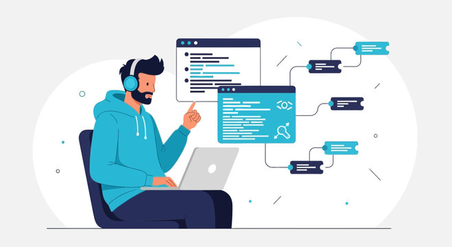 Programmer working on laptop with code on screen and flow chart diagram