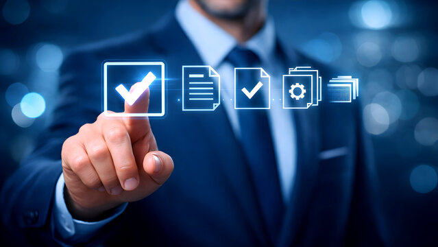 "A businessman directs attention to a glowing digital checkmark, embodying precision in project management, quality control, and excellence in verification processes."