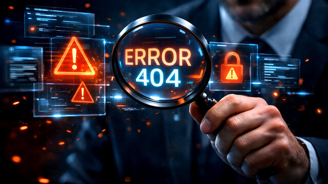 "A businessman inspects a holographic 404 error using a magnifying glass, representing digital security issues and network failure on a dark backdrop."