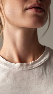 Photograph of a woman's neck and upper chest, wearing a plain white T-shirt, with smooth, fair skin and subtle shadows highlighting the collarbone and jawline.