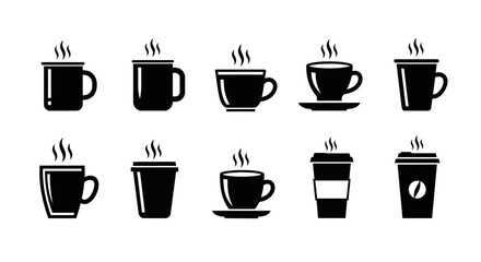 Fototapeta premium Ten simple black solid icons depicting various steaming coffee cups mugs and disposable beverage holders