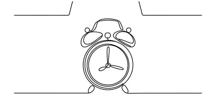 Minimalist one line drawing of a classic alarm clock with bells on a white background Vector, illustration