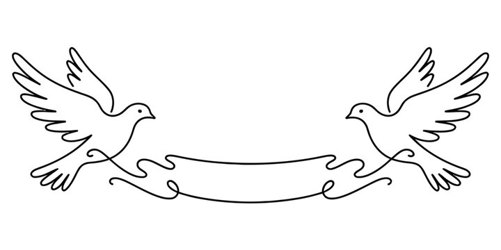 Two line art doves flying and holding a decorative blank ribbon banner in their beaks Vector, illustration