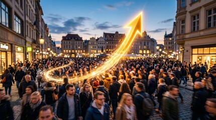 Fototapeta premium Crowd Celebrating City Parade at Night with Glowing Light Trail Arrow, Festive Urban Atmosphere