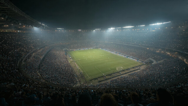 Photograph of a packed, foggy soccer stadium with bright floodlights illuminating the field, capturing the atmosphere and excitement of a nighttime match.