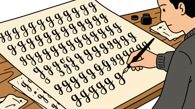 Man practicing cursive calligraphy with dip pen and ink writing letter g illustration