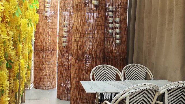 Tables and chairs in a cafe.
