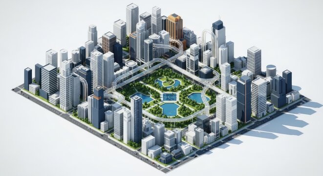 3D isometric cityscape with modern skyscrapers and park.