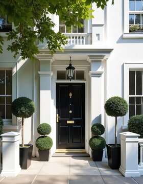 Elegant black front door on white townhouse facade. Topiary trees and manicured bushes adorn property entrance. Classic architecture with modern landscaping detail. Upscale residence exterior.