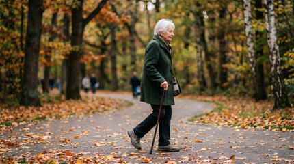 Fototapeta premium Elderly white man with white hair, wearing a green coat and black pants, walking with a cane down a leaf-covered path in a park.