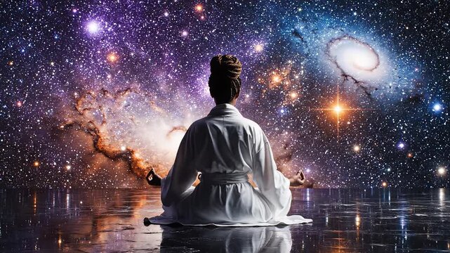 Person meditating in cosmic space for tech concepts, digital marketing, and futuristic projects