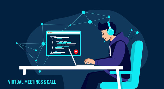 Young man in headphones working on laptop with code on screen, virtual meetings concept
