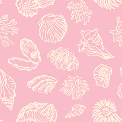 Sea shells, fossils and mollusks seamless pattern. Summer beach hand-drawn seaside vector print. Fashion textile bright multicolored illustration. Seashore elements design for fabrics, wallpaper  © Sketch
