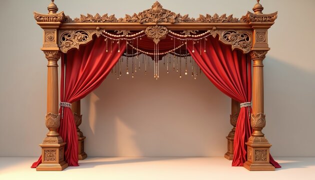 Ornate golden mandap with red drapes and pearl strings. Intricate wood carvings decorate pillars and arch. Traditional Indian wedding stage design.