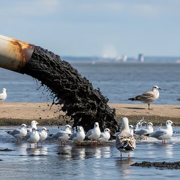 Sewage pipe pouring black sludge into a beach with seagulls standing nearby