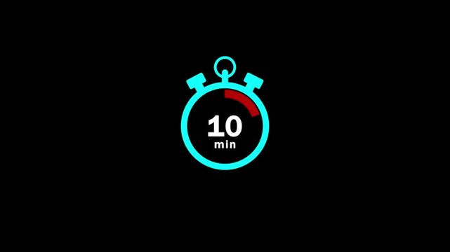 10 minute stopwatch icon isolated 10 minute timer animation .Animation timer 10 minutes - Stopwatch icon Motion graphics on black screen.10 minutes animation on white and black background